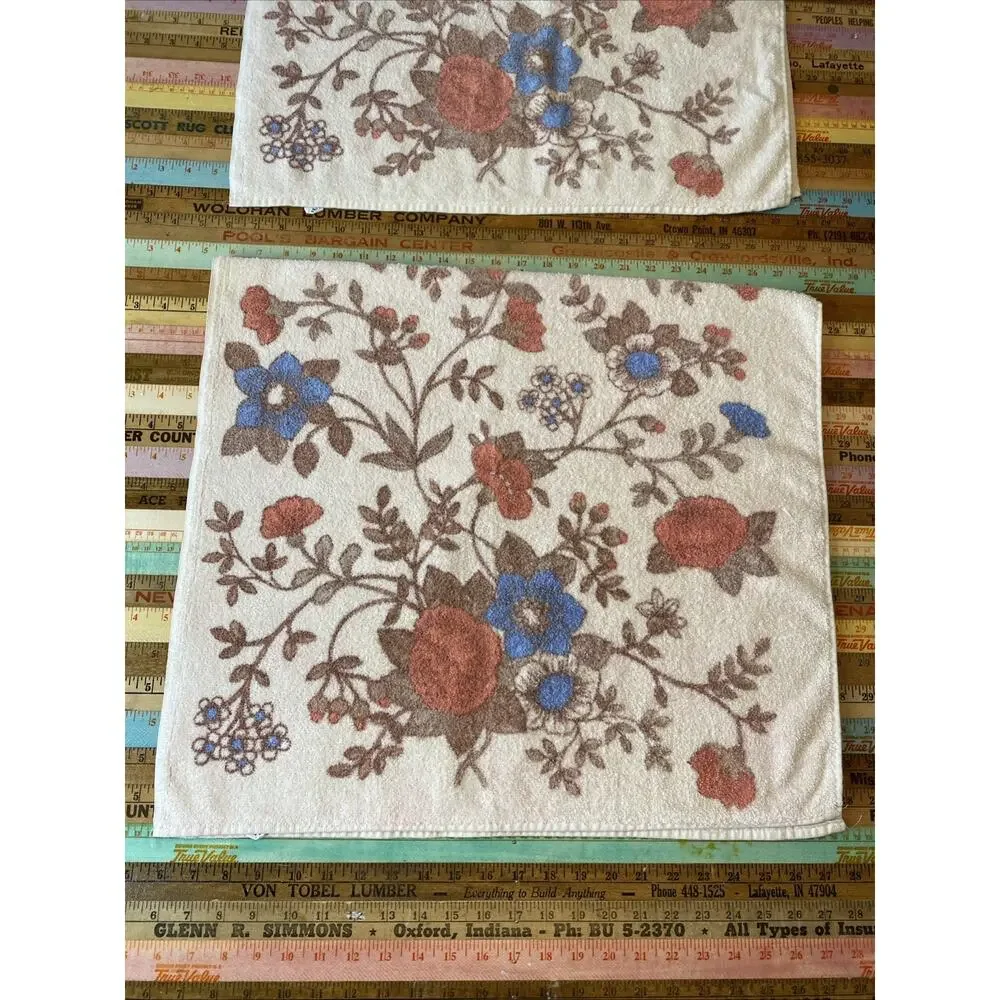 Vintage Retro 70s Mod Floral Flowers Dundee Fringe Bath Towels MCM Set Of 2